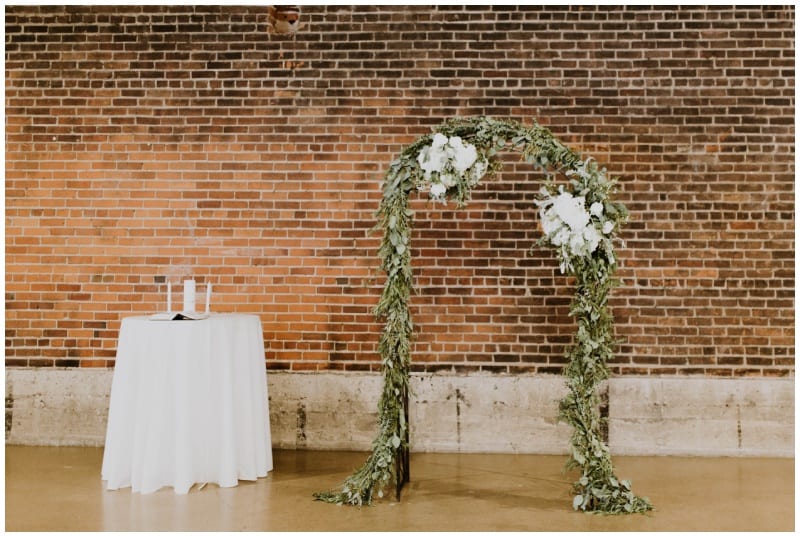 514 Studios, Kristin Abigail Photography, Minneapolis wedding, wedding ceremony, wedding details, floral decor, summer flowers, white bridal bouquet, white and greenery, white and green bouquet, blush wedding, indoor wedding, Artemisia Studios, Minneapolis wedding florist, Saint Paul wedding florist