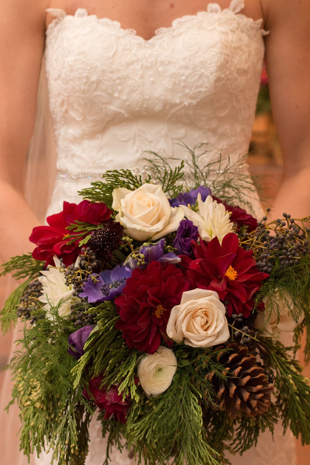 Bridal Bouquet Evergreens Burgundy Silver & White Bouquet Pine Cones R –  Songs from the Garden