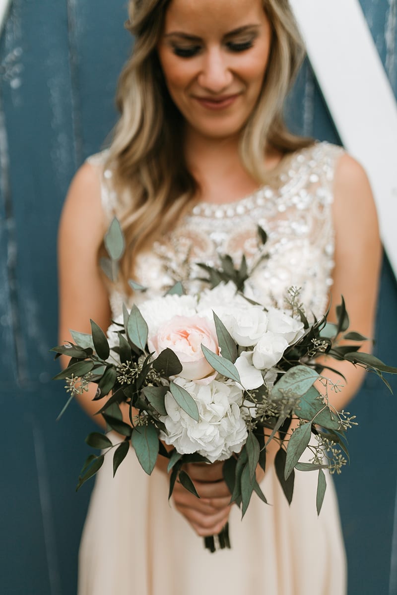 Bloom Lake Barn, Rachel Traxler Photography, barn wedding, Minnesota barn wedding, blue barn, wedding inspiration, summer wedding, blush wedding, rustic wedding, indoor barn wedding, blush bridal bouquet, soft bridal bouquet, Artemisia Studios, Minneapolis wedding florist, Minnesota wedding florist