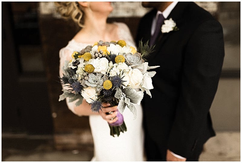 Tandem Tree Photography, Solar Arts Building, yellow flowers, wedding, wedding inspiration, wedding flowers, modern wedding, unique wedding floral, ceremony backdrop, unique bouquet, modern wedding flowers, Artemisia Studios, Minneapolis wedding florist, Minnesota wedding florist, bridal bouquet, succulents, freesia, ranunculus, dusty miller