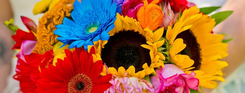 Camelot Photography, Lowertown Event Center, bright wedding floral, colorful wedding floral, sunflower bouquet, colorful bouquet, summer wedding, wedding ideas, bouquet, gerbera daisies, Saint Paul wedding florist, Artemisia Studios