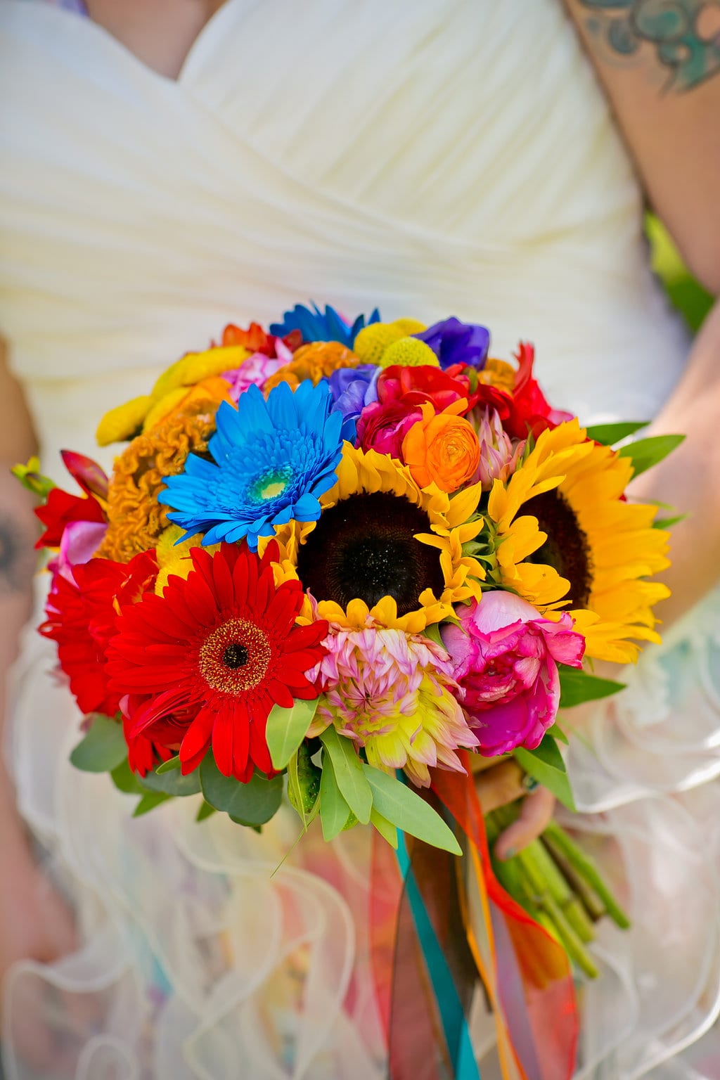 Camelot Photography, Lowertown Event Center, bright wedding floral, colorful wedding floral, sunflower bouquet, colorful bouquet, summer wedding, wedding ideas, bouquet, gerbera daisies, Saint Paul wedding florist, Artemisia Studios