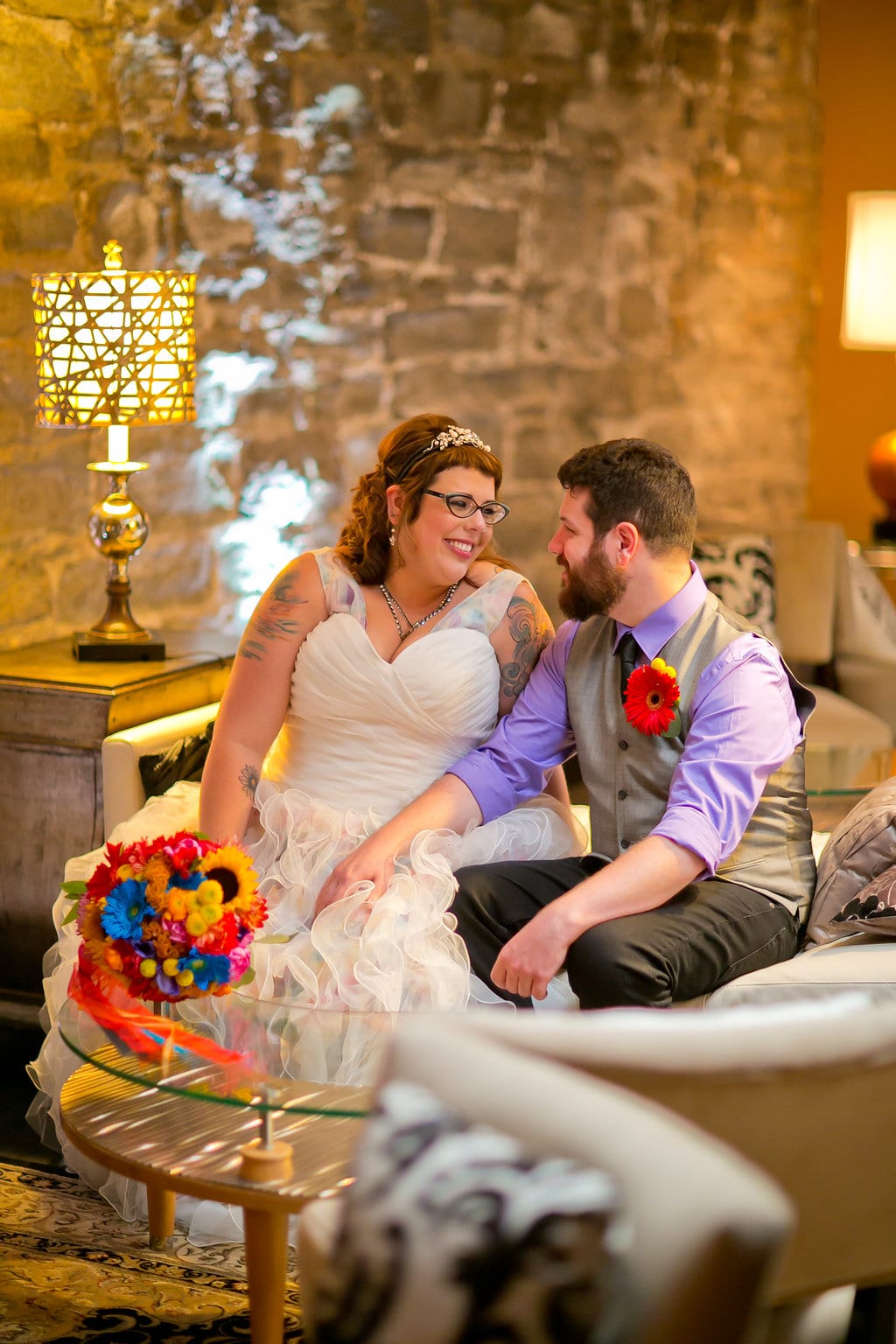 Camelot Photography, Lowertown Event Center, bright wedding floral, colorful wedding floral, sunflower bouquet, colorful bouquet, summer wedding, wedding ideas, bouquet, gerbera daisies, Saint Paul wedding florist, Artemisia Studios