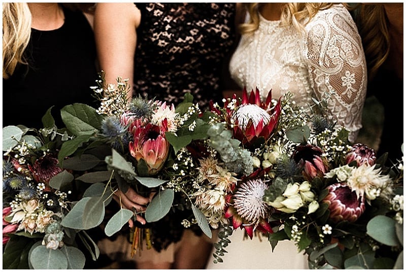 Tandem Tree Photography, The Copper Hen, summer wedding, pink wedding, proteas, wedding flowers, summer wedding floral, Minneapolis wedding, Minneapolis wedding florist, wedding florist, Artemisia Studios, bridesmaids, black bridesmaid dress, bouquet, bridesmaid bouquet, summer bouquet, bride, bridal bouquet