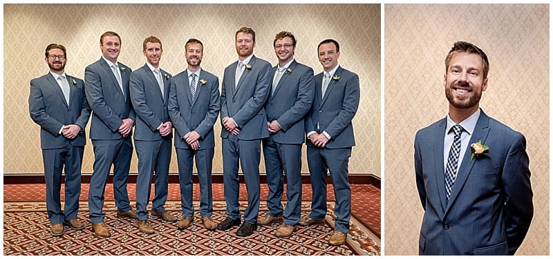 Jodi Ann Photography, Crowne Plaza Minneapolis Downtown, Day Block Event Center, spring wedding, wedding floral, wedding flowers, wedding inspiration, Minneapolis wedding, Twin Cities wedding, Minneapolis wedding florist, Artemisia Studios, groom, groomsmen, gray suit, boutonniere