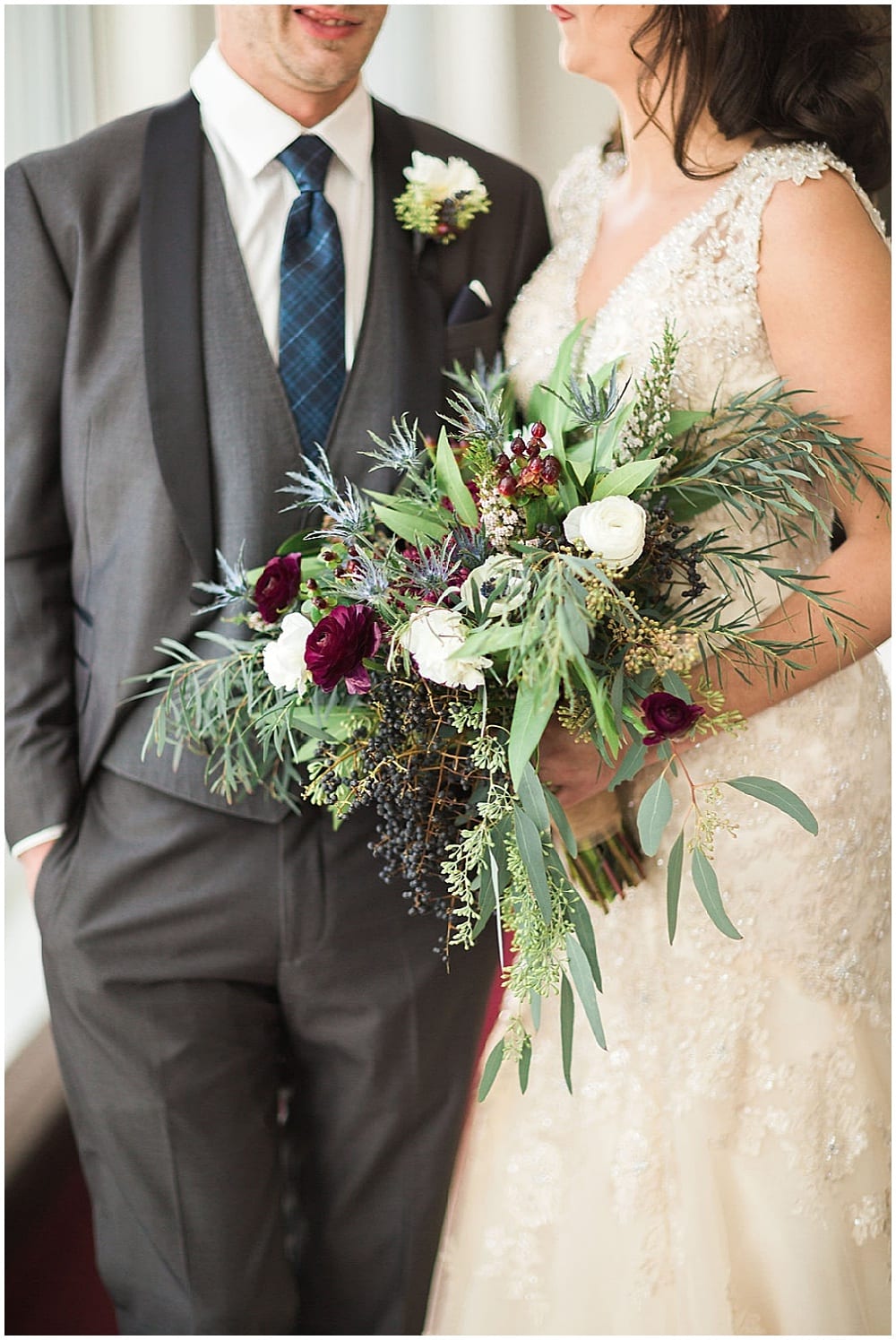 Leah Barry Photography, winter wedding, wedding floral, floral, flowers, winter wedding flowers, winter flowers, church wedding, bridal bouquet, blue bouquet, burgundy bouquet, green bouquet, wedding inspiration, winter bouquet, winter bride, groom, boutonniere, wedding gown, wedding dress