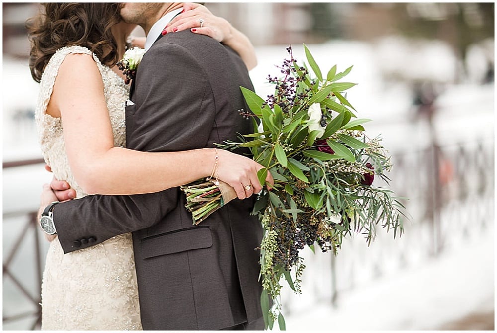 Leah Barry Photography, winter wedding, wedding floral, floral, flowers, winter wedding flowers, winter flowers, church wedding, bridal bouquet, blue bouquet, burgundy bouquet, green bouquet, wedding inspiration, winter bouquet, winter bride, groom, boutonniere, wedding gown, wedding dress