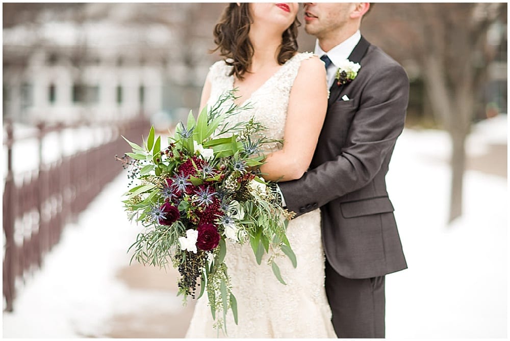 Leah Barry Photography, winter wedding, wedding floral, floral, flowers, winter wedding flowers, winter flowers, church wedding, bridal bouquet, blue bouquet, burgundy bouquet, green bouquet, wedding inspiration, winter bouquet, winter bride, groom, boutonniere, wedding gown, wedding dress