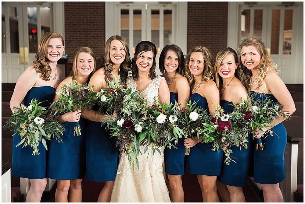 Leah Barry Photography, winter wedding, wedding floral, floral, flowers, winter wedding flowers, winter flowers, church wedding, bridal bouquet, blue bouquet, burgundy bouquet, green bouquet, wedding inspiration, winter bouquet, winter bride, bridesmaid bouquet, winter bridesmaids, navy bridesmaids