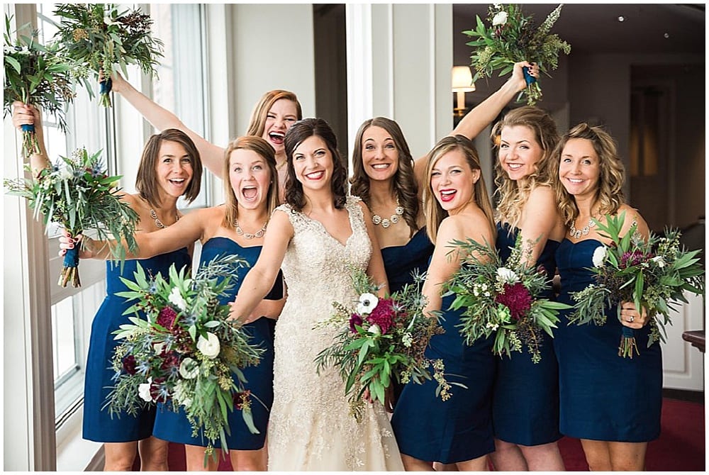 Leah Barry Photography, winter wedding, wedding floral, floral, flowers, winter wedding flowers, winter flowers, church wedding, bridal bouquet, blue bouquet, burgundy bouquet, green bouquet, wedding inspiration, winter bouquet, winter bride, bridesmaid bouquet, winter bridesmaids, navy bridesmaids