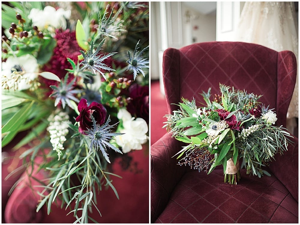 Leah Barry Photography, winter wedding, wedding floral, floral, flowers, winter wedding flowers, winter flowers, church wedding, bridal bouquet, blue bouquet, burgundy bouquet, green bouquet, wedding inspiration, winter bouquet, winter bride