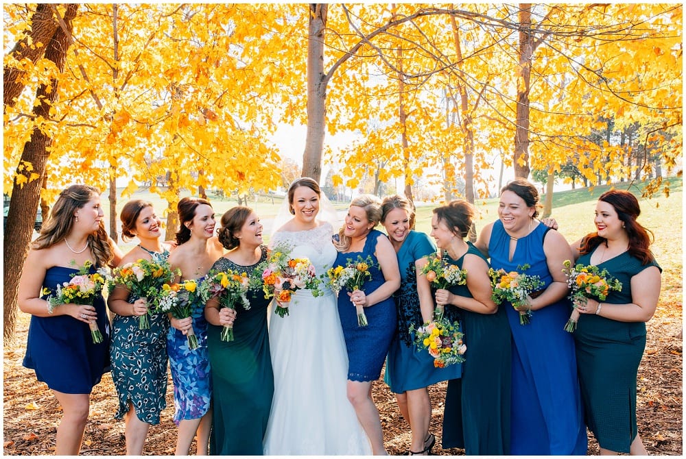 Justina Louise Photography, fall wedding floral, wedding, fall wedding, fall floral, fall flowers, blue and yellow wedding, Metropolitan Ballroom, United Methodist Church, Minnesota wedding, Minnesota fall wedding, bridesmaid bouquet, blue bridesmaid dress, bridesmaids, fall bridesmaids