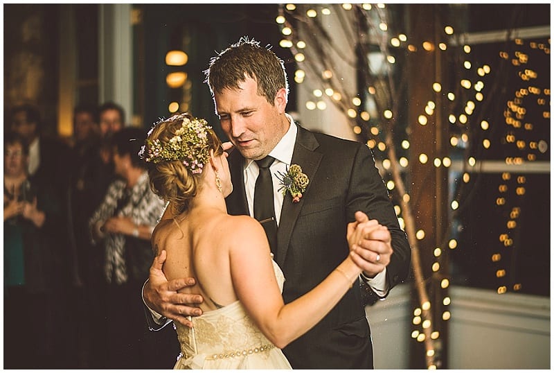 Aster Cafe, Lucas Botz Photography, bride, groom, first dance, wedding reception, boutonniere, floral hair piece